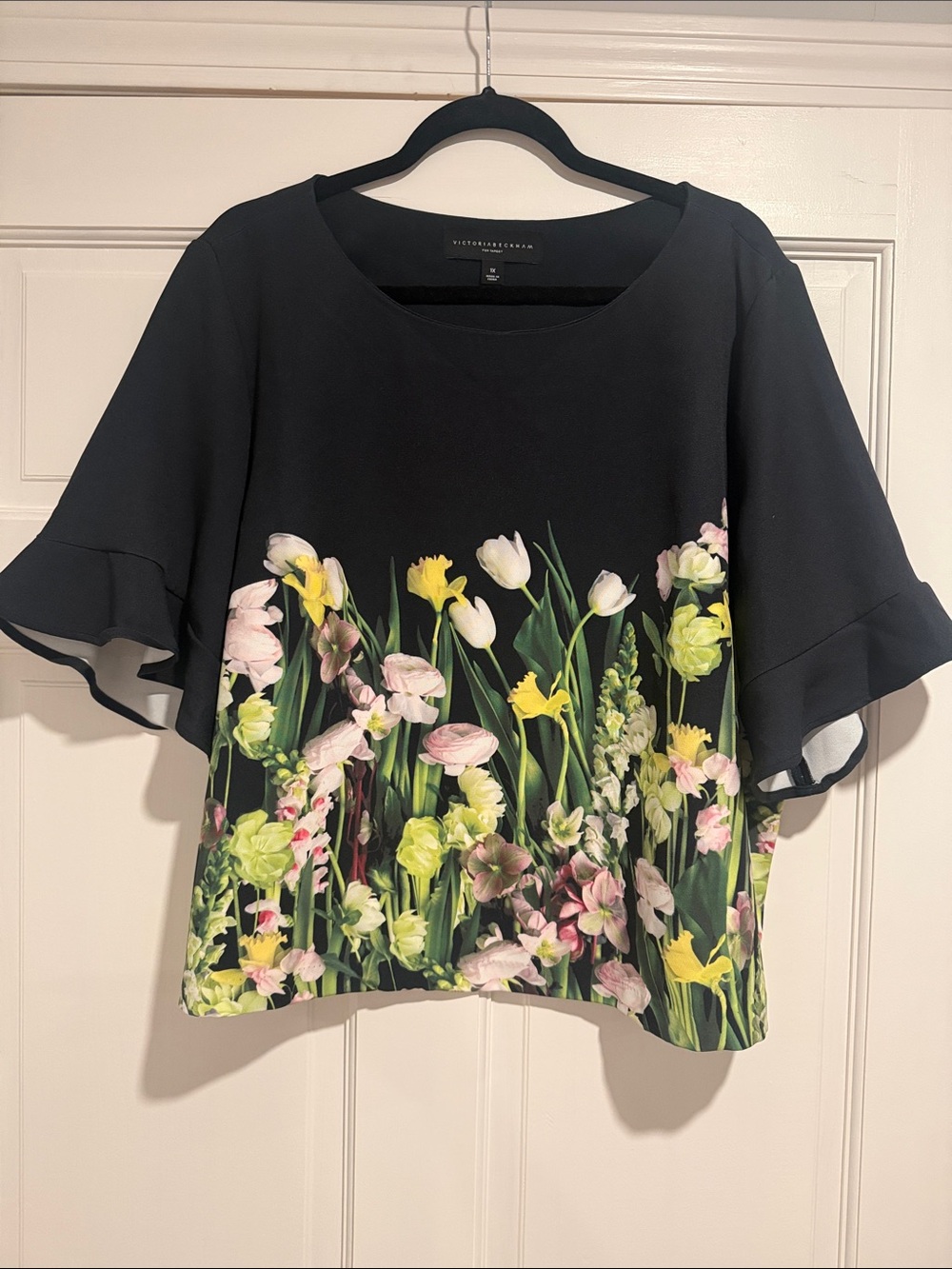 Victoria Beckham for Target Black Floral Border Ruffled Sleeve Blouse